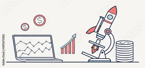 Line art illustration depicting a rocket launching from a microscope, accompanied by coins, a laptop displaying a graph, symbolizing startup success and financial growth.
