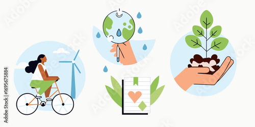 Illustration of sustainable living with cycling water conservation planting and eco friendly practices