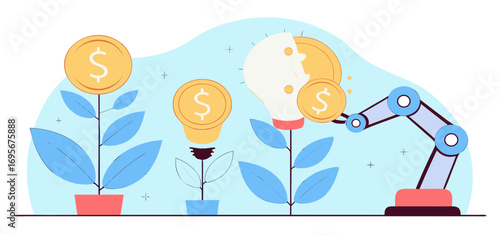 A robotic arm carefully places coins into a lightbulb and a money plant, symbolizing investment and growth.  The illustration uses a flat design with a light blue background.