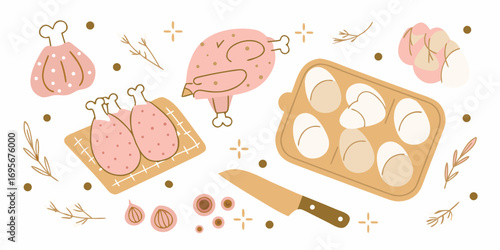 Whimsical hand drawn illustration of chicken and eggs with culinary elements