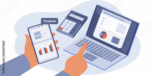 Hands using mobile phone and laptop for financial analysis and calculations with calculator nearby