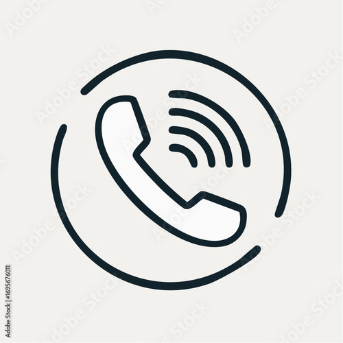Minimalist line art of a ringing telephone receiver, a universal symbol for incoming calls, contact centers, and telecommunication