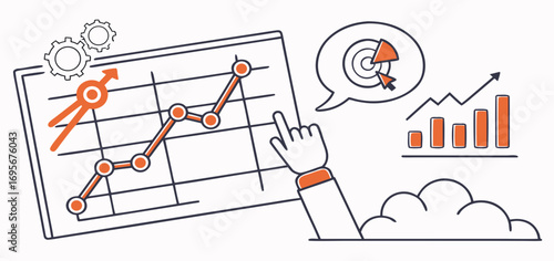 Illustration showing a hand pointing at a line graph with upward trend, accompanied by bar and pie charts.  The visuals represent data analysis and growth.