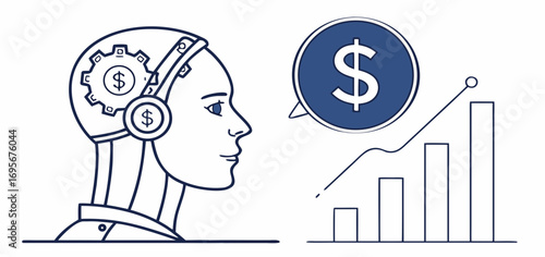 Illustration of a robot head with gears, representing AI, linked to a financial growth chart and dollar symbol, suggesting AI-driven financial success.