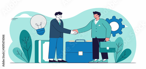 Two businessmen shake hands in a minimalist illustration, signifying a successful business deal. Teal and blue color scheme, clean lines, and simple icons depict partnership and collaboration.