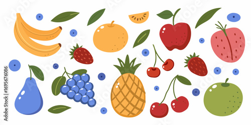 A vibrant and colorful collection of assorted fruits and berries scattered across a white background