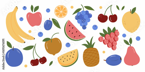 A vibrant and colorful collection of assorted fruits arranged in a playful pattern on a white background