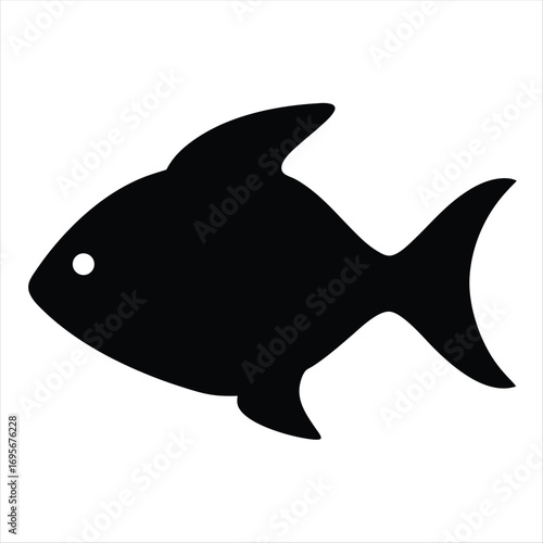 Stylized black fish silhouette swimming to the left with white eye