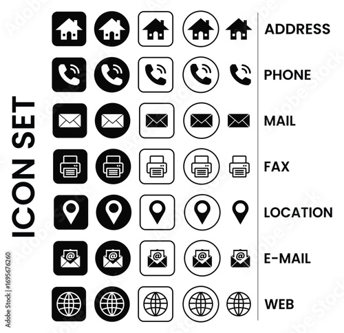 Web icon set, business card icon concept, address, phone, mail, fax, location, e-mail, web, and website icon vector symbol for contact us