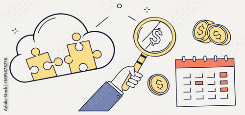 Illustration depicting financial planning with cloud computing elements.  A hand uses a magnifying glass to examine dollar coins near a calendar and puzzle pieces in a cloud.