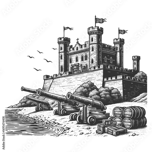 fortified castle with towers, cannons aimed at the shoreline, barrels, crates, and birds flying overhead sketch engraving generative ai vector illustration. Scratch board imitation. Black and white.