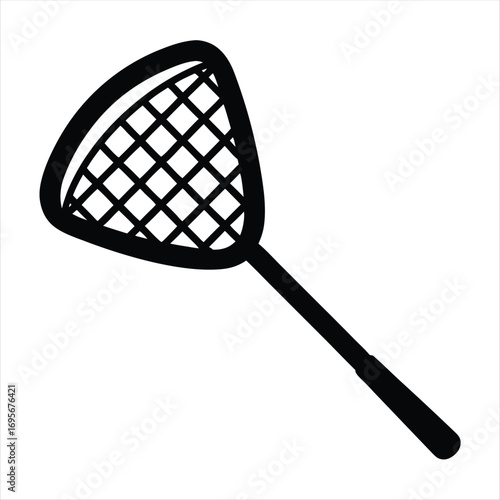 Stylized black and white vector illustration of a longhandled landing net