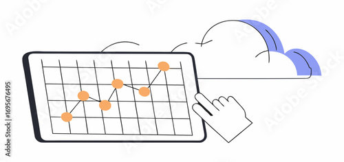 Illustration of a hand interacting with a tablet displaying data points, which are connected to a cloud storage. The image showcases data uploading and management.