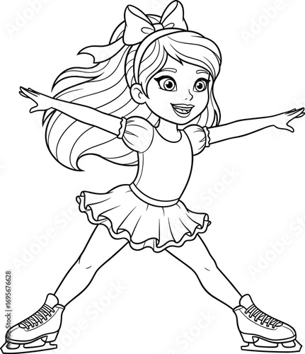 Cute girl ice skating coloring page, figure skater line art, winter activity illustration, kids printable, cartoon drawing template.