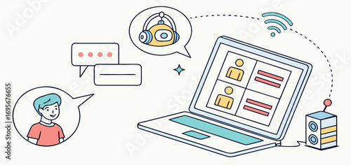 Illustration depicting a laptop screen displaying an online chat interface with user avatars and messaging icons.  Simple line art style.