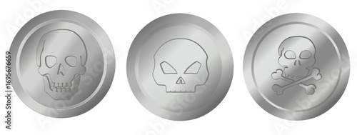 Skull head silver coin, icon 3d, symbol, medal, button