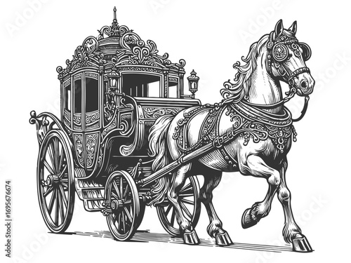 horse-drawn carriage with decorative details, symbolizing royalty, tradition, and historical travel sketch engraving generative ai vector illustration. Scratch board imitation. Black and white image.