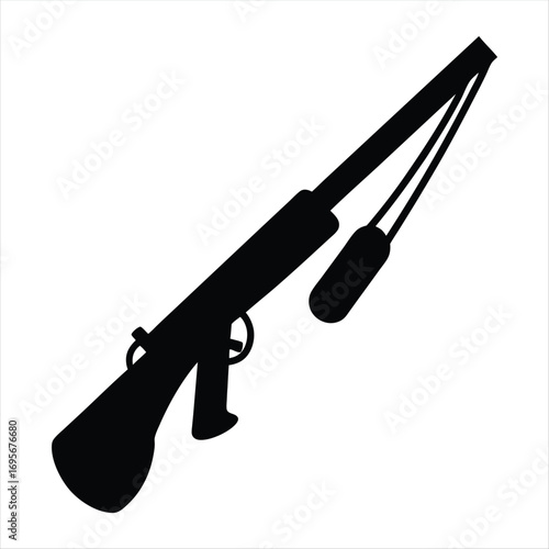 Silhouette of a shotgun weapon with sling in black on white background