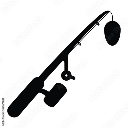 Fishing rod with bobber for angling and recreation in black silhouette