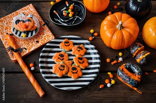 Flat lay Halloween party background with candies, cookies, pumpkins, and festive decorations on rustic wooden table