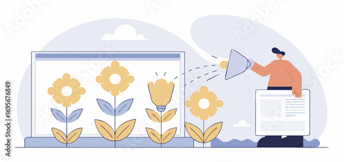 Illustration of a person watering yellow flowers growing inside a digital screen, symbolizing online growth or development.