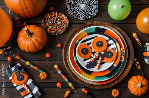 Flat lay Halloween party background with candies, cookies, pumpkins, and festive decorations on rustic wooden table