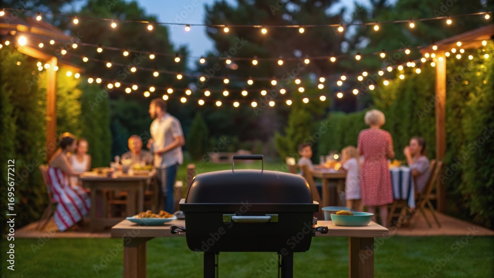 Naklejka premium A lively outdoor gathering at night with string lights, a barbecue grill, and family enjoying dinner in a lush backyard setting.