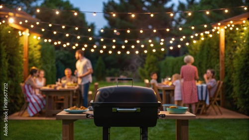 A lively outdoor gathering at night with string lights, a barbecue grill, and family enjoying dinner in a lush backyard setting.