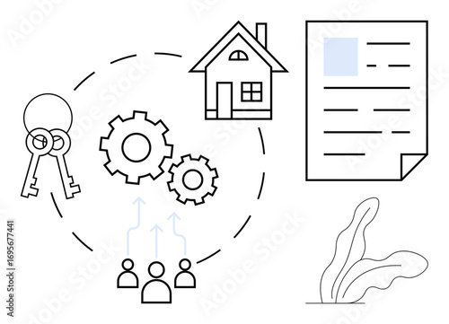 Keys, a house, document, and gears connected with team icons represent collaboration, real estate workflow, and homeownership. Ideal for housing, teamwork, property contracts management finance