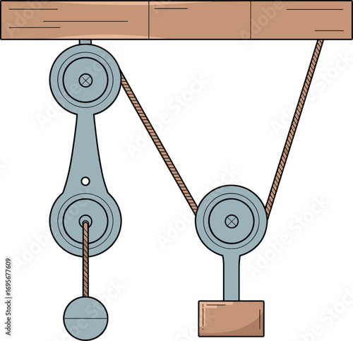 Mechanical pulley system diagram, simple machine illustration, lifting mechanism, physics concept, educational tool, belt drive engineering drawing.