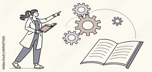 Illustration of a scientist in a lab coat pointing at spinning gears above an open book, symbolizing knowledge, research and innovation.
