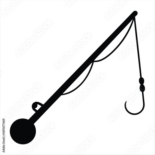 Black and white fishing rod with hook and line illustration graphic
