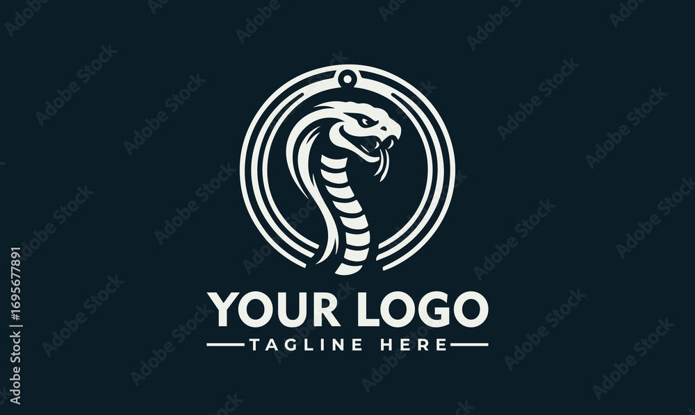 Obraz premium A stylized white cobra snake logo design, coiled within a circular frame, with text.