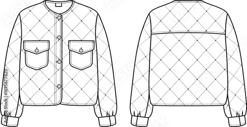 Quilted jacket flat sketch with patch pockets, button front, front and back view, fashion design template, outerwear illustration