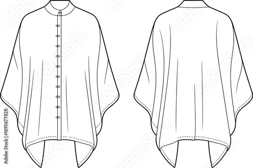 Poncho cape flat sketch, fashion illustration with button front, front and back view, outerwear design template for winter wear