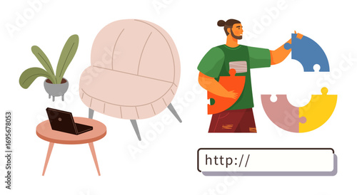 Man assembling puzzle pieces, cozy workspace with chair, plant, laptop on table, and URL bar. Ideal for teamwork, remote work, creativity problem solving innovation planning digital tools. Simple