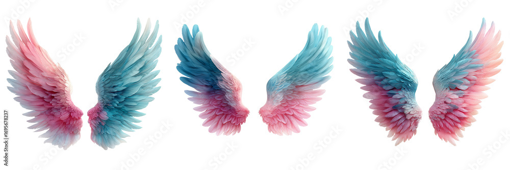 Obraz premium Set of Angel wings in soft pastel tones on white background, symmetrical composition, natural feather details on transparent png background. Ai generated