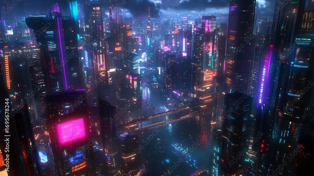 Fototapeta premium Neon Cyberpunk Cityscape: A Vibrant, Futuristic Night Scene