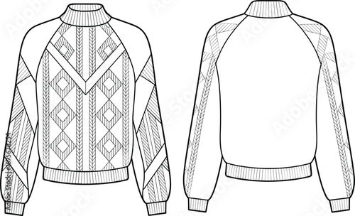 Raglan sleeve sweater design with geometric knit pattern, cozy winter pullover, warm casual knitwear, stylish autumn fashion, comfortable sweater