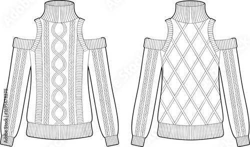 Cold shoulder turtleneck sweater with cable knit pattern, stylish winter fashion, cozy warm pullover, unique knitwear design, autumn clothing