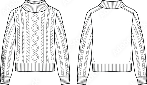 Elegant cable knit sweater with turtleneck, cozy winter fashion, warm knitwear design, casual autumn clothing, comfortable pullover style
