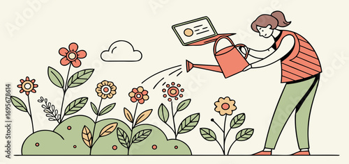 A cheerful illustration of a person gently watering colorful flowers in a garden. The style is simple and whimsical, with pastel tones and clean lines.