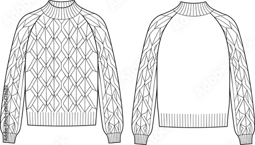 Cable knit raglan sweater design, cozy winter pullover with textured knit pattern, women’s fashion top, long sleeve knitwear sketch
