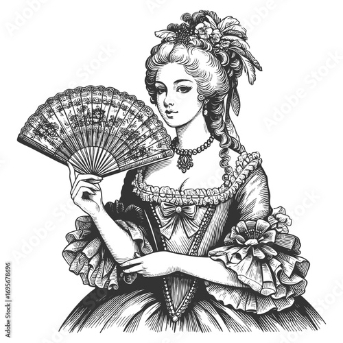 elegant lady holding decorative fan, dressed in floral attire with detailed hairstyle and flowers sketch engraving generative ai fictional character vector illustration. Scratch board. Black and white