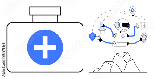 Robot multitasking in medical roles, holding test tubes, shield, and tools near first aid kit with blue cross. Ideal for healthcare, AI, technology, innovation, medicine robotics futuristic