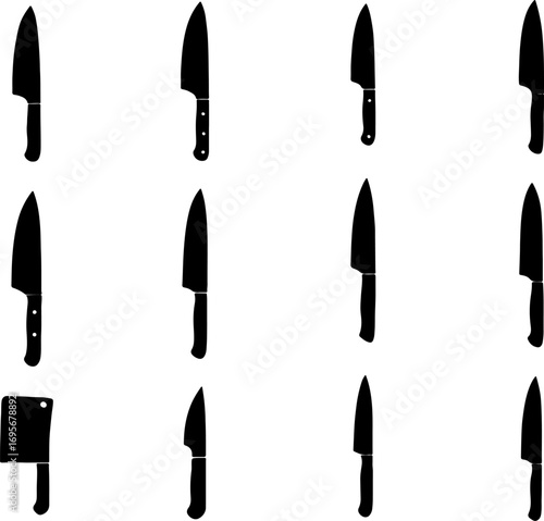 Knife black vectors, meat cleaver art, knife silhouette, knife set, set of knife, collection of cleavers, knife black color silhouettes, modern meat cleaver silhouette art vector icon design