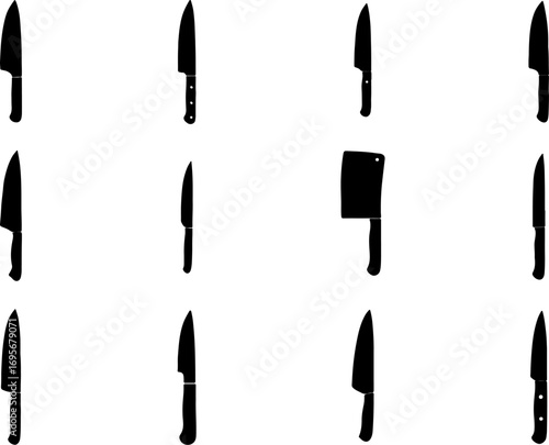 Knife black vectors, meat cleaver art, knife silhouette, knife set, set of knife, collection of cleavers, knife black color silhouettes, modern meat cleaver silhouette art vector icon design