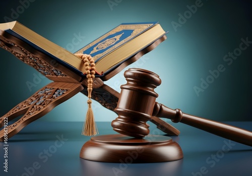 Islamic law concept with quran, prayer beads, and gavel on a table, symbolizing justice, tradition, and religious principles in jurisprudence