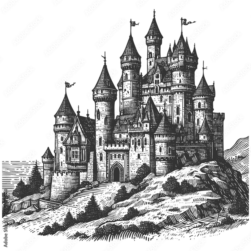 Obraz premium grand medieval castle on a hill with high towers, gates, cottages, and surrounding landscape sketch engraving generative ai vector illustration. Scratch board imitation. Black and white image.