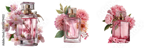 Set of Assorted designer perfume bottles with reflections on a glossy white surface, artistic composition, luxurious styling on transparent png background. Ai generated